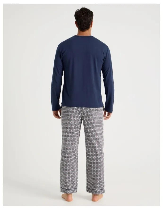 Soho Long Sleeve Tee and Sateen Pant Pyjama Set in Navy & Modern Tile Print