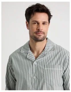 Soho Long Sleeve Traditional Poplin Pyjama Set in Classic Sage Stripe