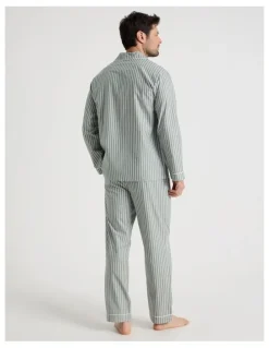 Soho Long Sleeve Traditional Poplin Pyjama Set in Classic Sage Stripe
