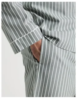 Soho Long Sleeve Traditional Poplin Pyjama Set in Classic Sage Stripe