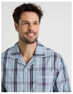 Soho Long Sleeve Traditional Poplin Pyjama Set in Classic Blue Check