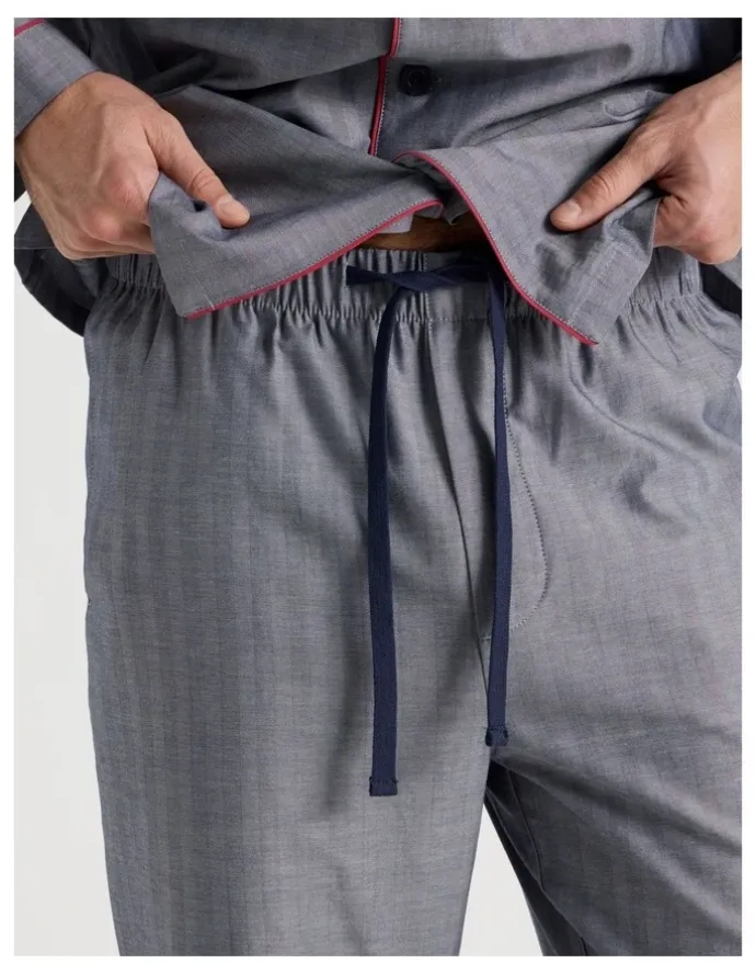 Soho Long Sleeve Traditional Herringbone Pyjama Set in Navy Twist