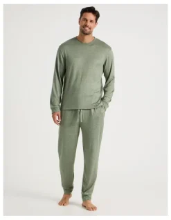 Soho Plain Cosy Knit Pyjama Set in Green Marle