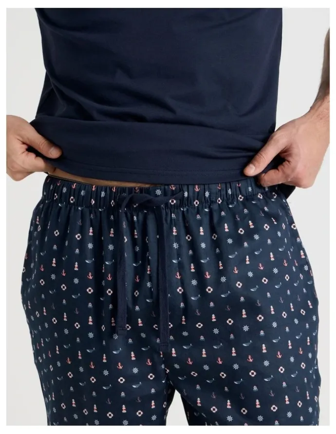 Soho Sateen Tee and Pant Pyjama Set in Navy Nautical Print