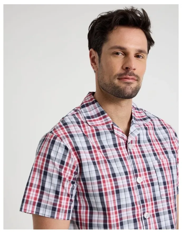 Soho Short Sleeve Traditional Poplin Pyjama Set in Denim British Check