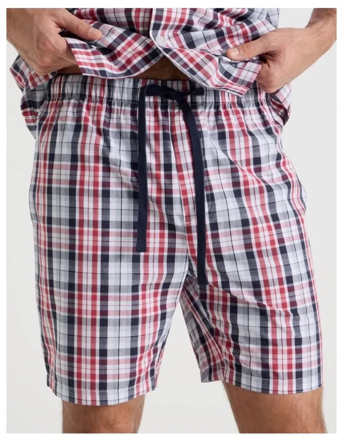 Soho Short Sleeve Traditional Poplin Pyjama Set in Denim British Check