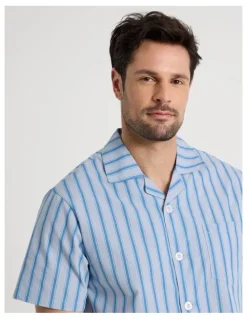 Soho Short Sleeve Traditional Poplin Pyjama Set in Light Blue British Stripe