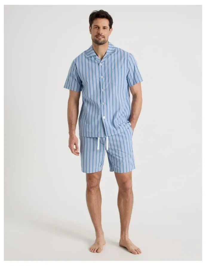 Soho Short Sleeve Traditional Poplin Pyjama Set in Light Blue British Stripe