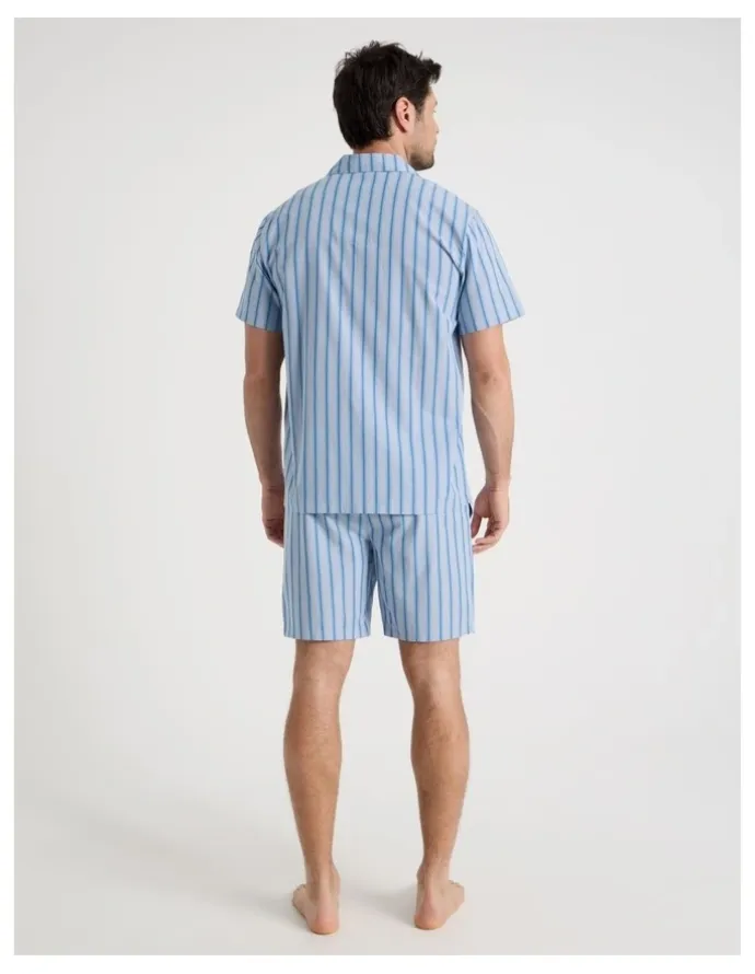 Soho Short Sleeve Traditional Poplin Pyjama Set in Light Blue British Stripe