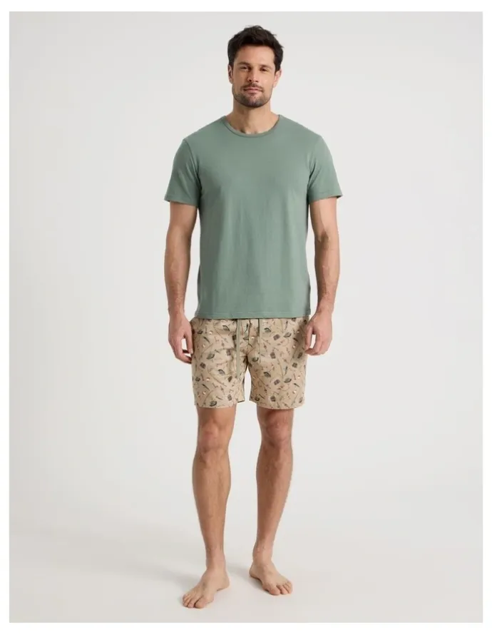 Soho Tee and Short Pyjama Set in Khaki Reel Tired Print