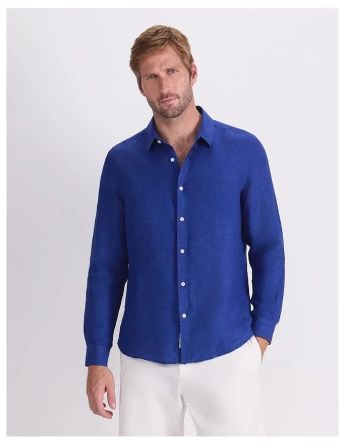 Sportscraft Linen Long Sleeve Delave Shirt in Blue Indigo