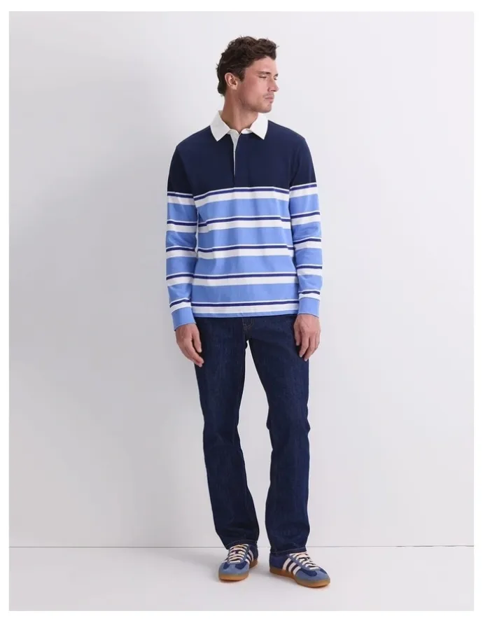 Sportscraft Long Sleeve Stripe Rugby Polo T-shirt in Blue Multi