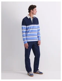 Sportscraft Long Sleeve Stripe Rugby Polo T-shirt in Blue Multi