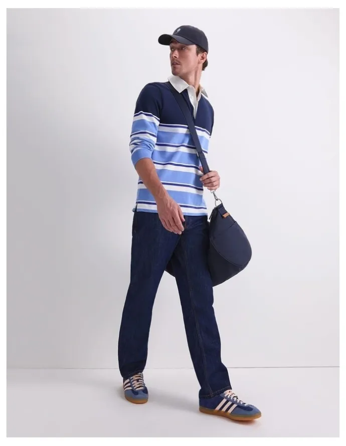 Sportscraft Long Sleeve Stripe Rugby Polo T-shirt in Blue Multi
