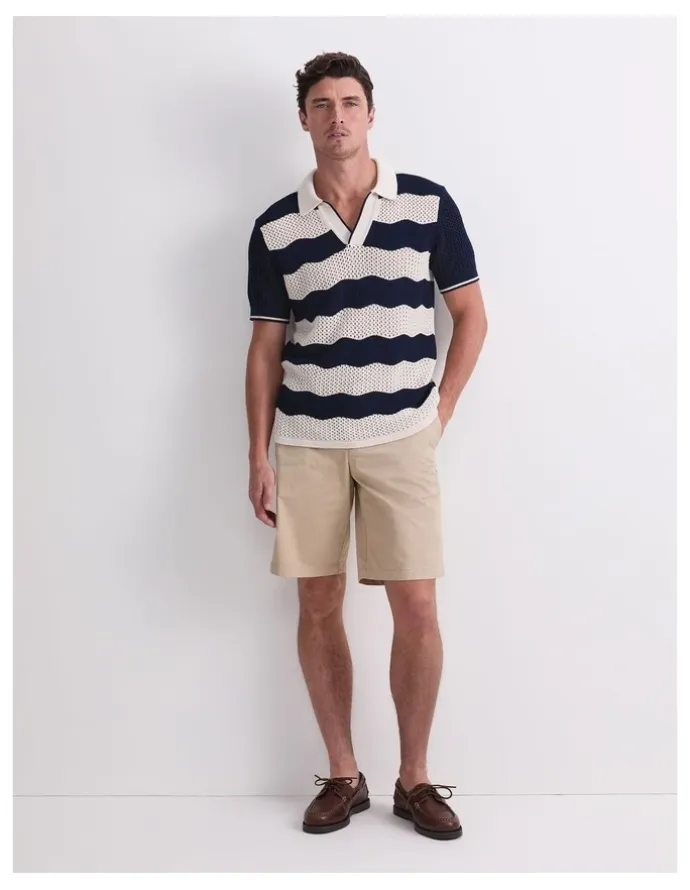 Sportscraft Wave Stripe Knit Polo T-shirt in Navy/White