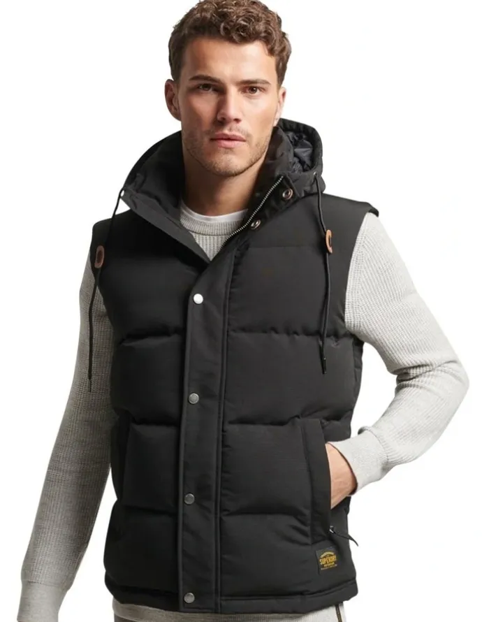 Superdry Everest Hooded Puffer Gilet in Jet Black