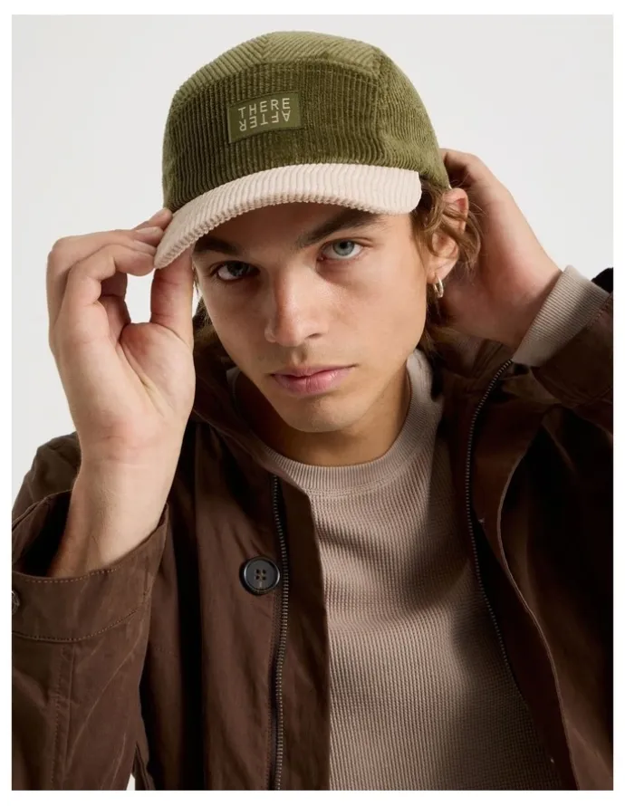 There After Chunky Cord 5 Panel Cap Hat in Khaki and Stone