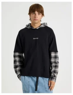 There After Check Hood Double Layer Fleece Sweat in Black