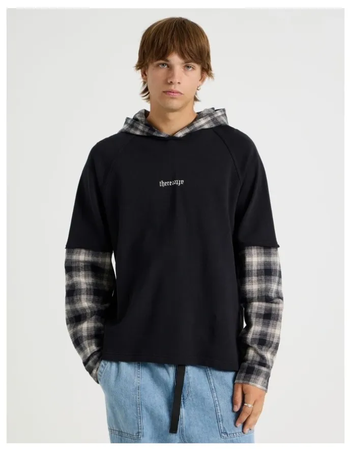 There After Check Hood Double Layer Fleece Sweat in Black