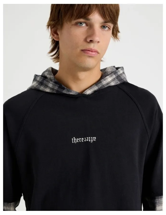 There After Check Hood Double Layer Fleece Sweat in Black