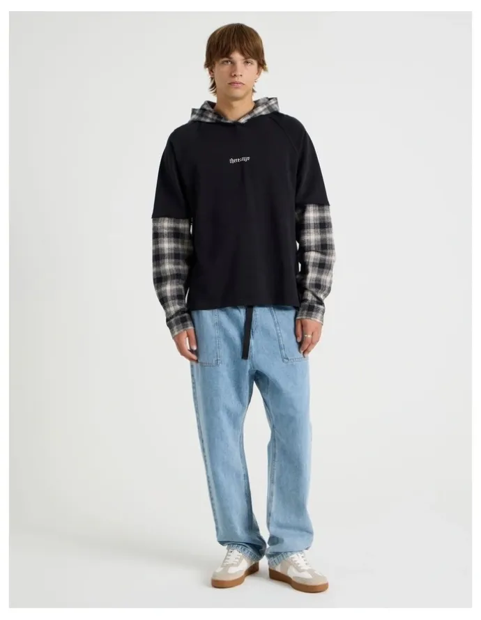 There After Check Hood Double Layer Fleece Sweat in Black