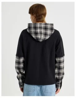 There After Check Hood Double Layer Fleece Sweat in Black