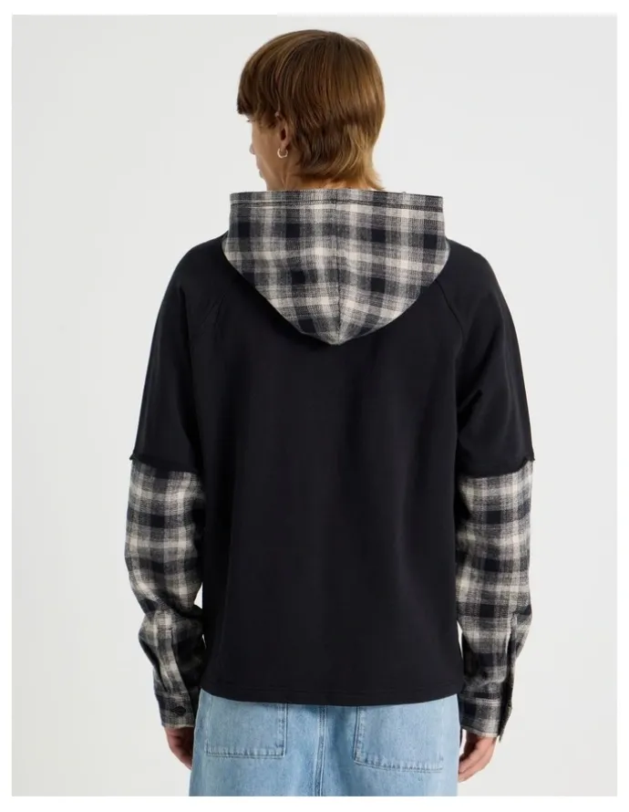 There After Check Hood Double Layer Fleece Sweat in Black
