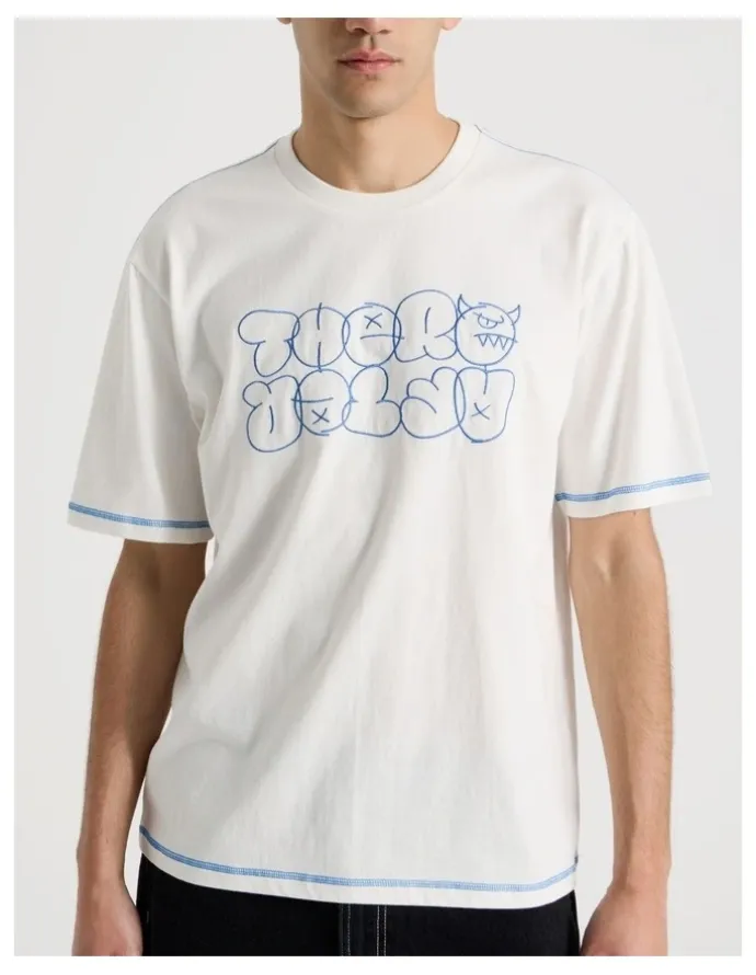 There After Contrast Stitch Print Short Sleeve Tee in White
