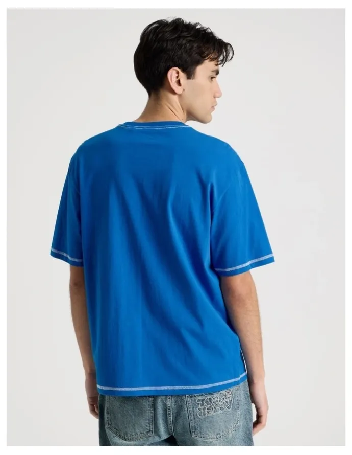 There After Contrast Stitch Print Short Sleeve Tee in Blue