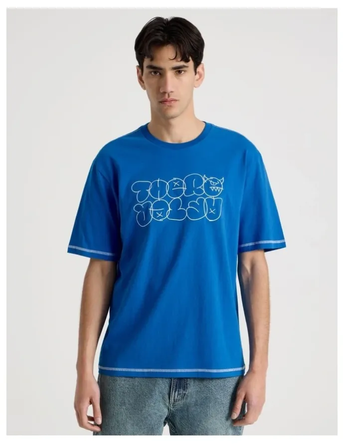 There After Contrast Stitch Print Short Sleeve Tee in Blue