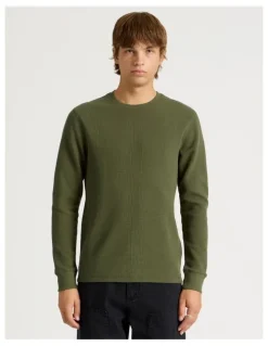 There After Crew Neck Long Sleeve Waffle Knit Top in Olive