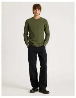 There After Crew Neck Long Sleeve Waffle Knit Top in Olive