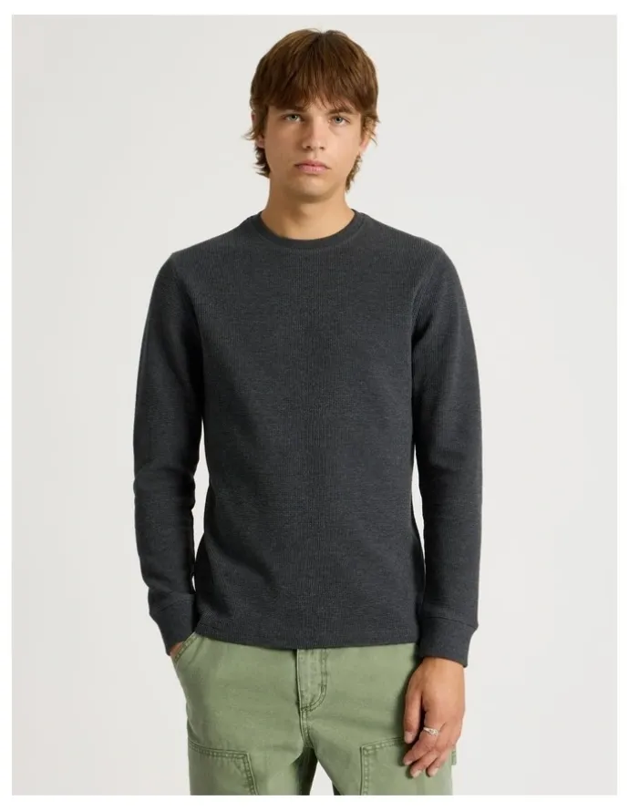 There After Crew Neck Long Sleeve Waffle Knit Top in Charcoal