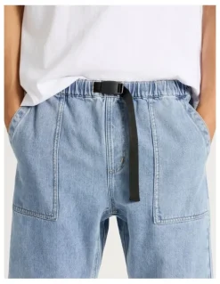 There After Denim Shorts with Built-In Belt in Light Blue