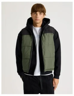 There After Embroidered Logo Reversible Puffer Vest in Khaki