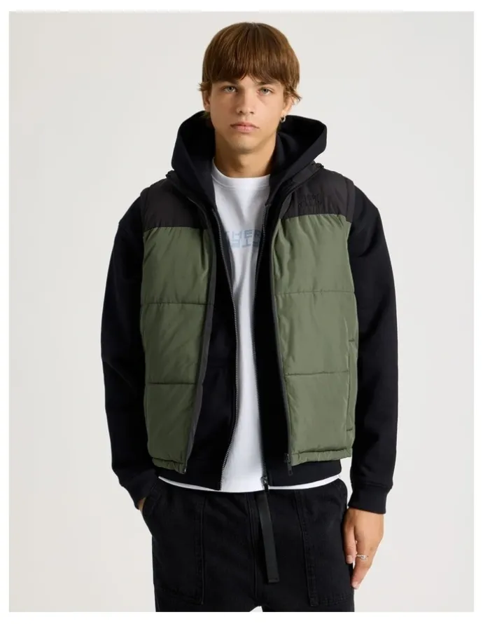 There After Embroidered Logo Reversible Puffer Vest in Khaki