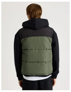 There After Embroidered Logo Reversible Puffer Vest in Khaki