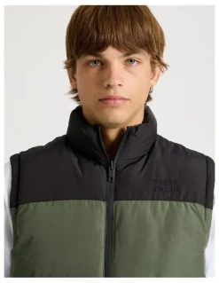 There After Embroidered Logo Reversible Puffer Vest in Khaki