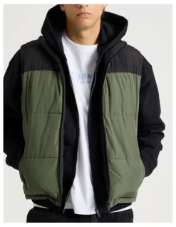 There After Embroidered Logo Reversible Puffer Vest in Khaki