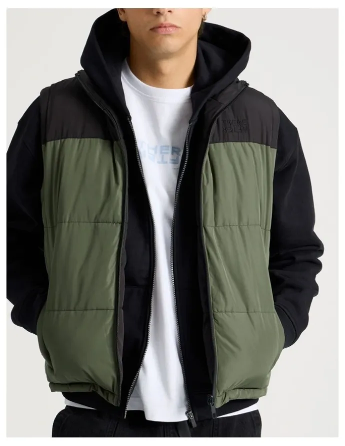There After Embroidered Logo Reversible Puffer Vest in Khaki