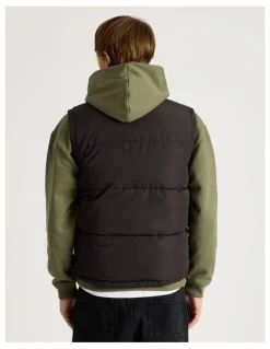 There After Embroidered Logo Reversible Puffer Vest in Black