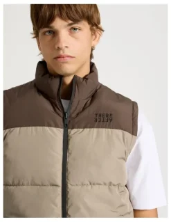 There After Embroidered Logo Reversible Puffer Vest in Brown