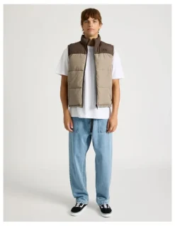 There After Embroidered Logo Reversible Puffer Vest in Brown