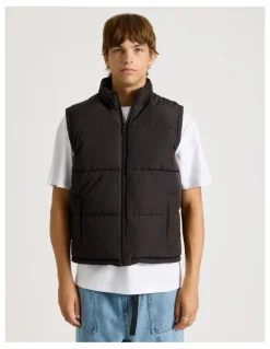 There After Embroidered Logo Reversible Puffer Vest in Brown