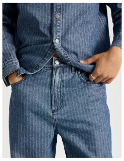 There After Herringbone Stripe Wide Leg Jeans in Blue