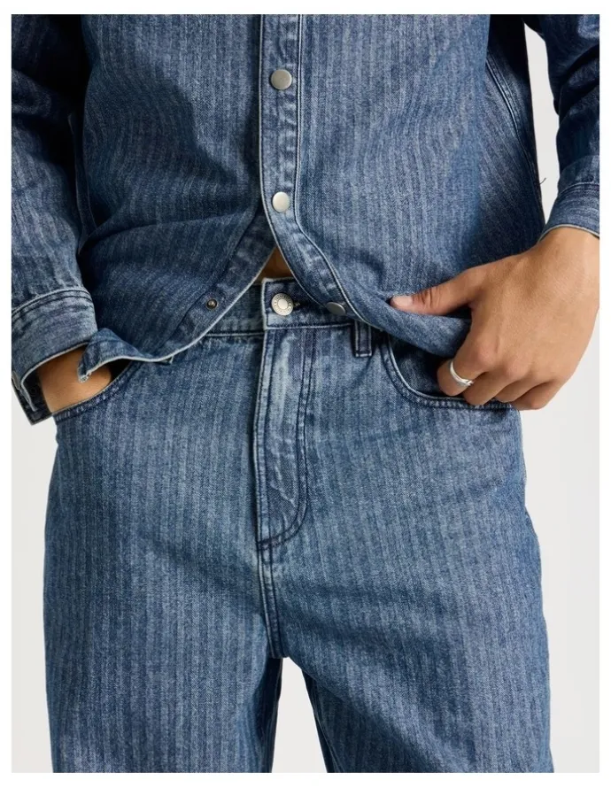 There After Herringbone Stripe Wide Leg Jeans in Blue