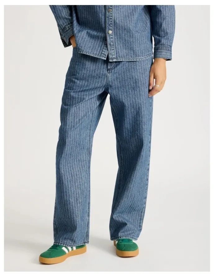 There After Herringbone Stripe Wide Leg Jeans in Blue