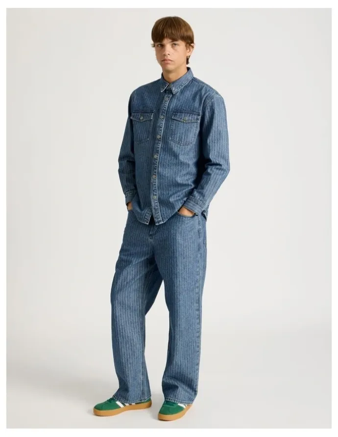 There After Herringbone Stripe Wide Leg Jeans in Blue