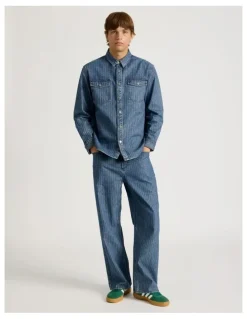 There After Herringbone Stripe Wide Leg Jeans in Blue