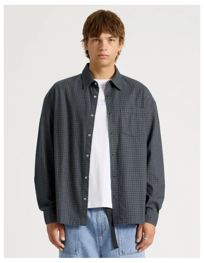 There After Lightweight Check Long Sleeve Shirt in Charcoal